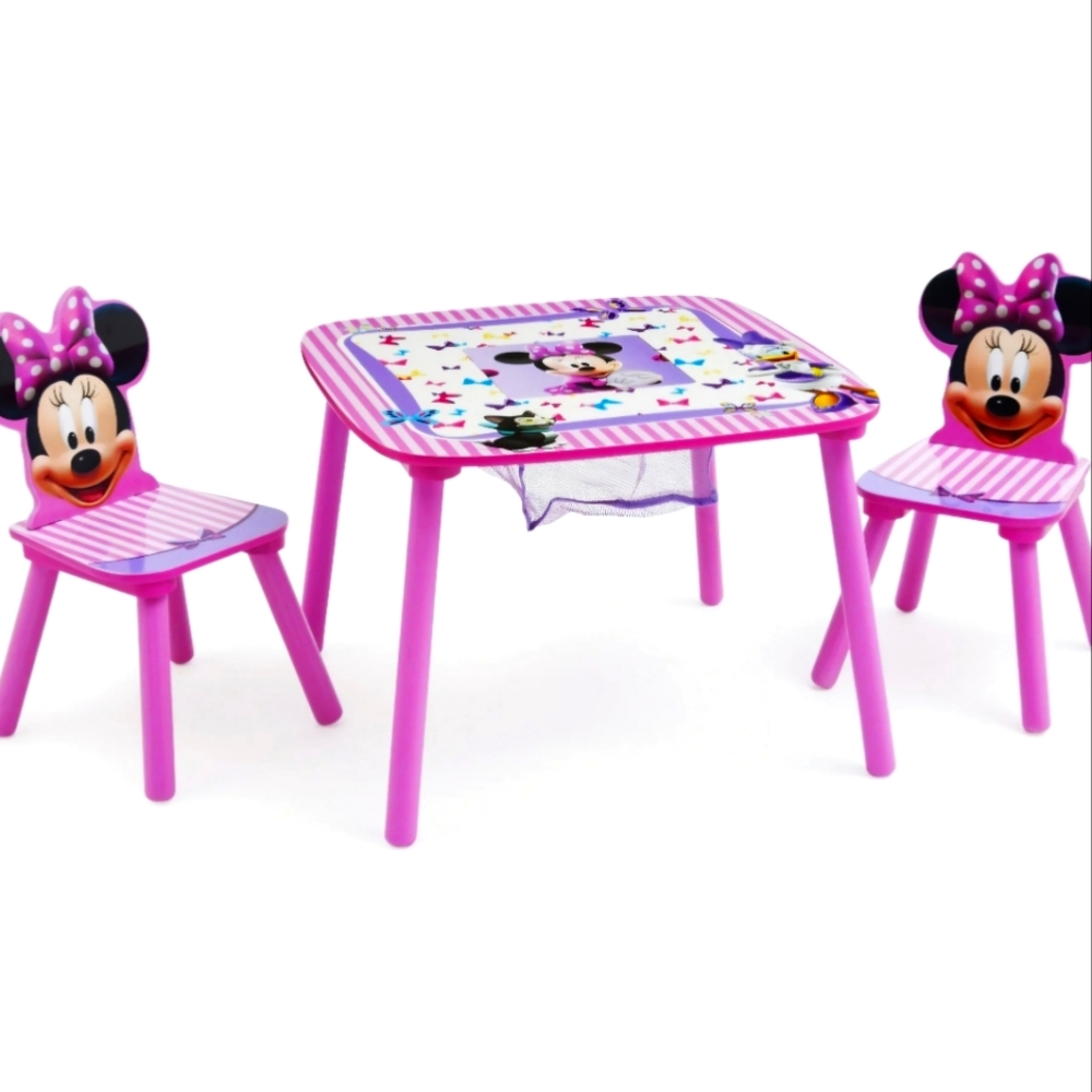 Minnie Mouse pink and purple chair and table set with toy holder in the middle